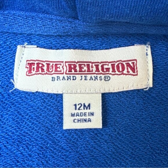 True Religion Baby Hoodie Blue Zip-Up Sweatshirt With Yellow Logo Size 12M- New - Picture 5 of 6